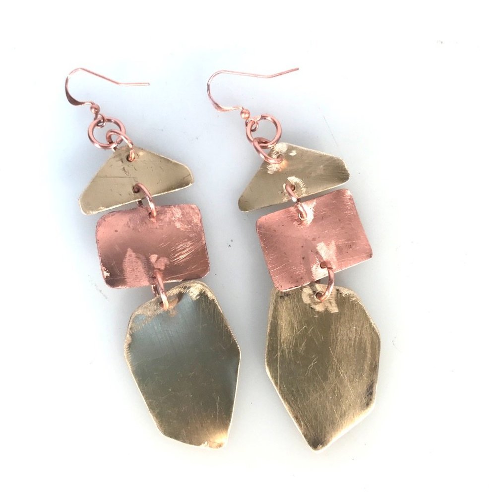 Brass Copper Long Brutalist Statement Earrings - Picture 10 of 13